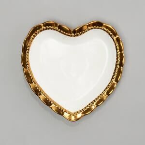 White Gold Heart Dinner Plate 10” Scalloped Ceramic Beaded Valentine Decor